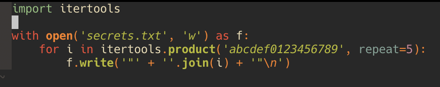 Python script generating every 5-char hex candidate secret