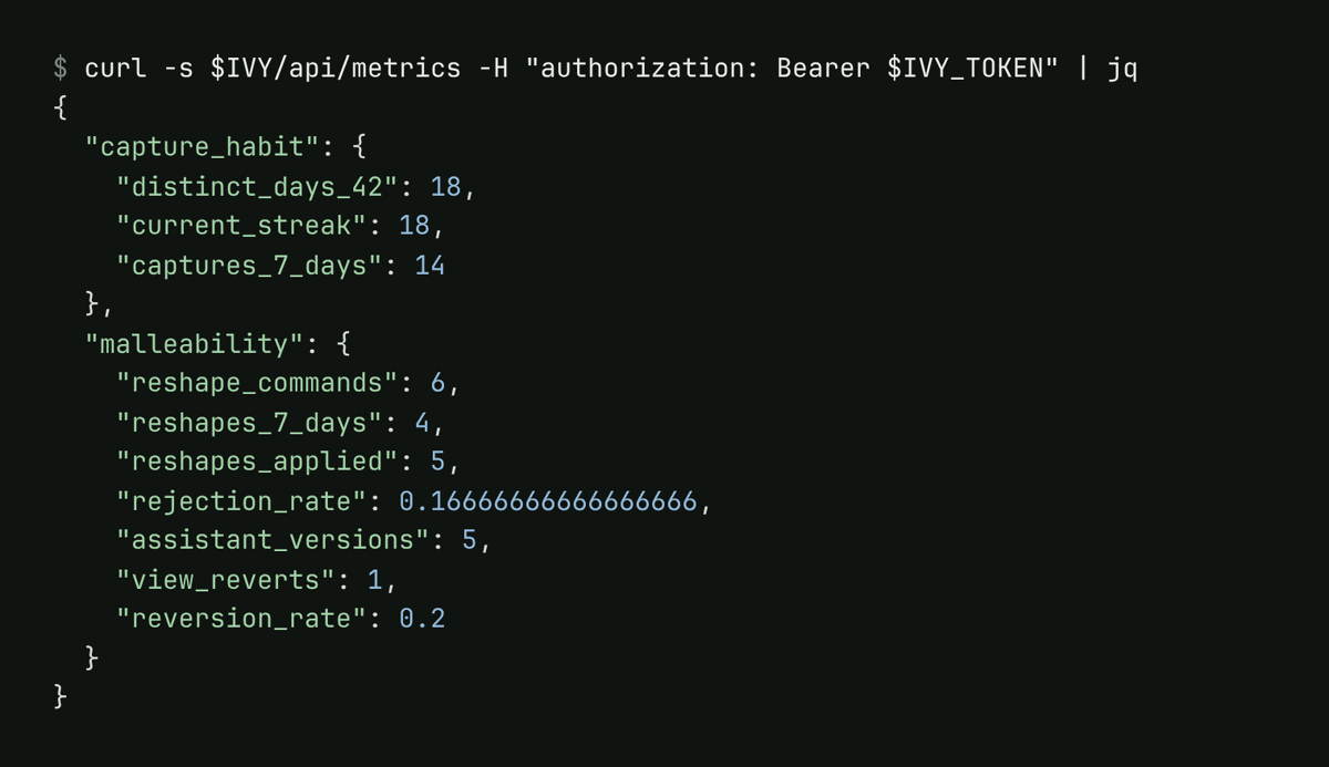 The metrics endpoint response showing six reshape attempts, five applied, and a rejection rate of 0.167.